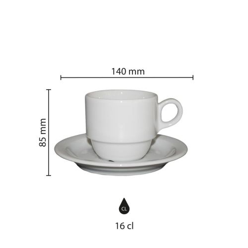 Infographic toont exacte afmetingen van Infographic toont exacte afmetingen van Legio Koffie wit porseleinen bekerset van 16 cl.