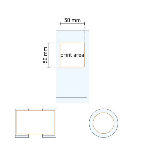 Technische werktekening van longdrinkglas 27 cl. met gemarkeerd drukgebied voor bedrukking of gravure.