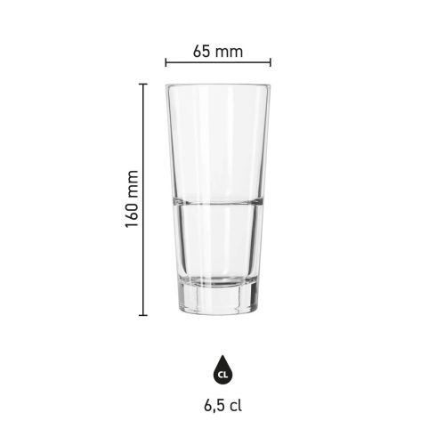 Infographic met de productafmetingen van het Libbey Endeavor longdrinkglas 35 cl in glas, inclusief hoogte en diameter.
