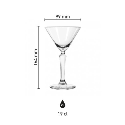 Infographic toont productafmetingen van het Martiniglas Libbey Spksy 19 cl. inclusief hoogte en diameter.