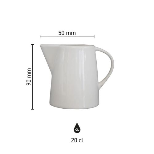 Infographic toont afmetingen van porseleinen melkkan Eva 20 cl. inclusief hoogte en diameter.
