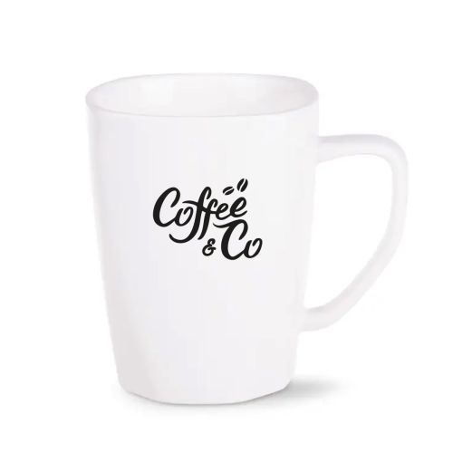 Witte mok Edge 28 cl. porselein met éénkleurig CoffeeCo-logo op het voorvlak gedrukt.