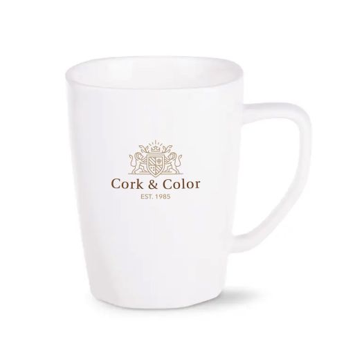 Vooraanzicht van porseleinen mok Edge 28 cl met meerkleurig logo van merk CorkColor.