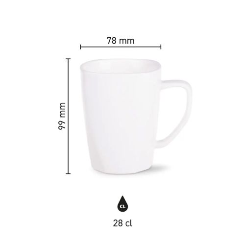 Infographic toont hoogte, diameter en inhoud van porseleinen mok Edge 28 cl.