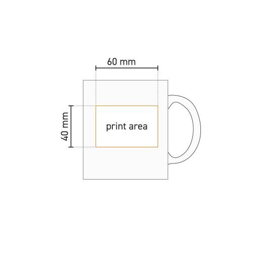 Technische werktekening van mok Kulmer 35 cl. met aanduiding van drukgebied voor gravure.