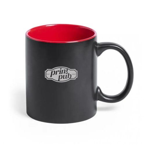 Mok Milo 35 c.l zwart met rode binnenkant en gegraveerd PrintPub-logo in vooraanzicht.