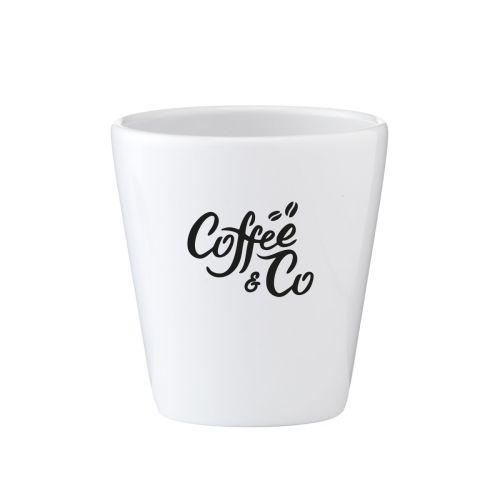 Bedrukt logo ‘CoffeeCo’ in één kleur centraal op porseleinen mok Palermo 20 cl. zonder oor.