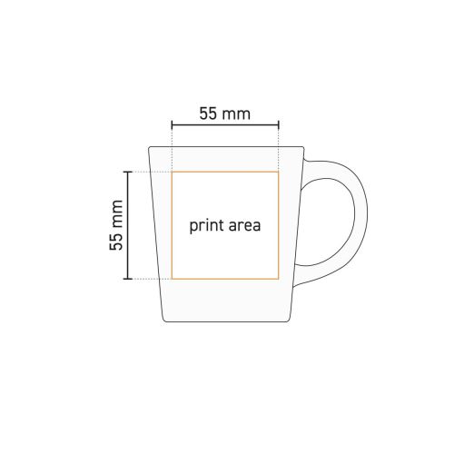 Technische werktekening van mok Ponti 25 cl., met aangegeven drukgebied voor keramiekbedrukking.