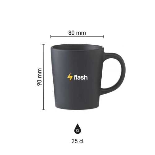 Infographic toont exacte afmetingen van mok Ponti 25 cl. gemaakt van mat keramiek.