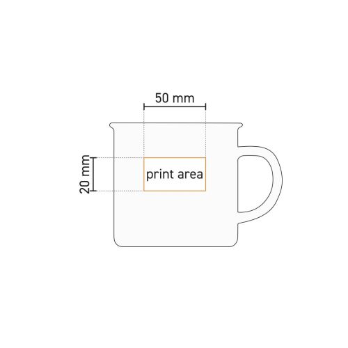 Technische werktekening toont het drukgebied op mok Sinora 30 cl. porselein.