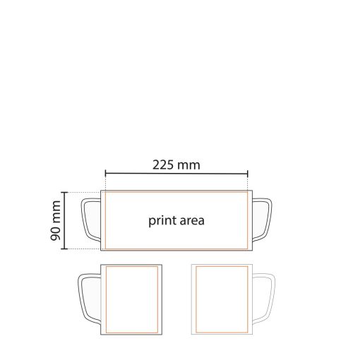 Werktekening toont het relevante bedrukbare gebied op de mok voor logotoepassing.