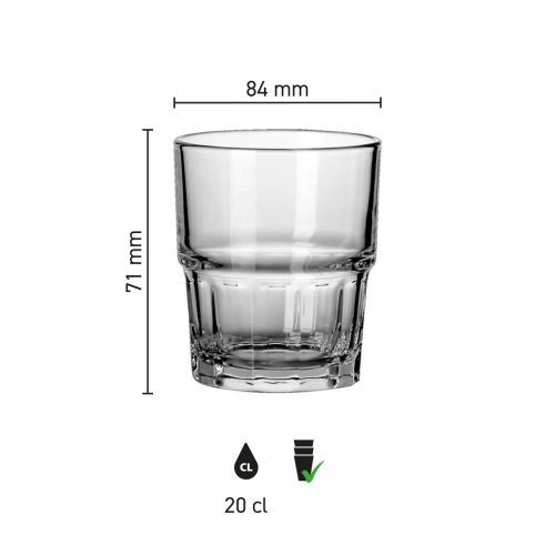 Infographic toont productafmetingen van Next Spatje glas 20 cl met hoogte en diameter.