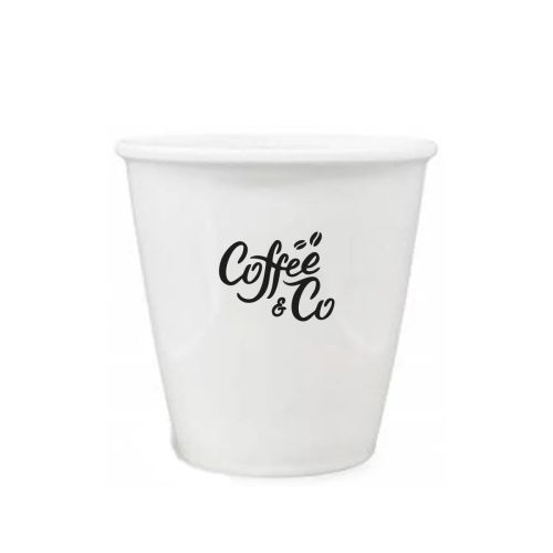Witte papercup porselein 24 cl. van  met éénkleurig logo van CoffeeCo op de voorzijde gedrukt.