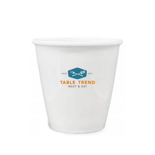 Papercup porselein 24 cl. met TableTrend-logo in meerdere kleuren zichtbaar aan de voorkant.