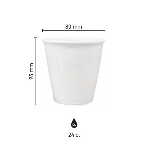Infographic met productafmetingen van porseleinen papercup 24 cl. inclusief hoogte en diameter.
