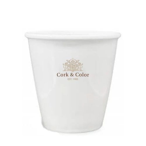 Papercup porselein 35 cl. bedrukt met meerkleurig CorkColor-logo zichtbaar aan de voorkant.