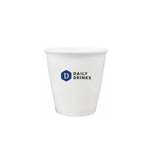 Papercup porselein 6 cl. met meerkleurig logo DailyDrinks centraal op de voorzijde.
