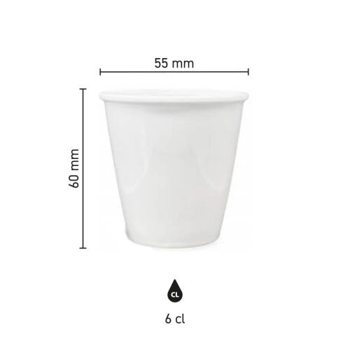 Infographic toont afmetingen van papercup porselein 6 cl. inclusief hoogte en diameter.