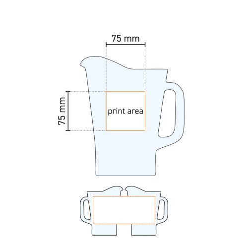 Technische tekening van de Pitcher Conic 1,8 liter glas met aangegeven drukgebied voor logo.
