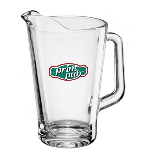 PrintPub-logo in meerdere kleuren op de voorzijde van de Pitcher Conic 1,8 liter glas.