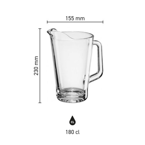 Infographic met productafmetingen van de Pitcher Conic 1,8 liter glas, inclusief hoogte en inhoud.