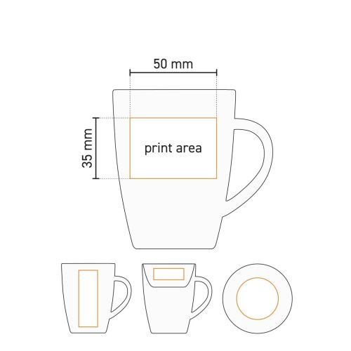 Technische werktekening met drukgebied voor Robusta mok 18 cl porselein.