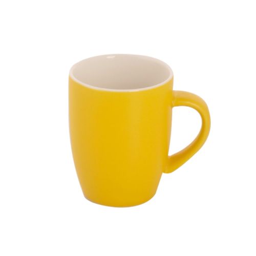 Robusta mok 18 cl. porselein in vooraanzicht, mat geel oppervlak en rechte cilindervorm.