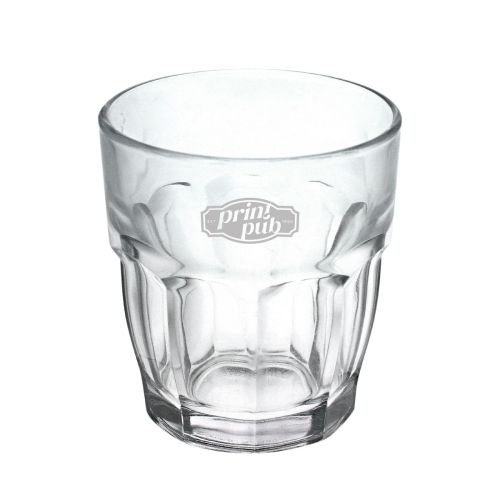 Rockbar Tumbler glas 27 cl. met gegraveerd PrintPub logo zichtbaar aan de voorkant.
