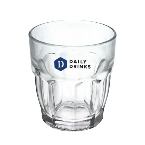 Vooraanzicht Rockbar Tumbler glas 27 cl met meerkleurig DailyDrinks logo op het midden.