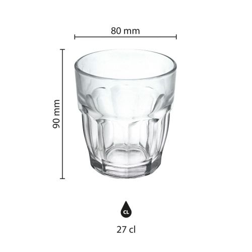 Infographic van Rockbar Tumbler glas 27 cl met aangegeven productafmetingen in centimeters.