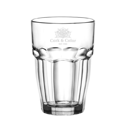 Rockbar Tumbler glas 37 cl met fijne gravure van CorkColor logo op glaswand.