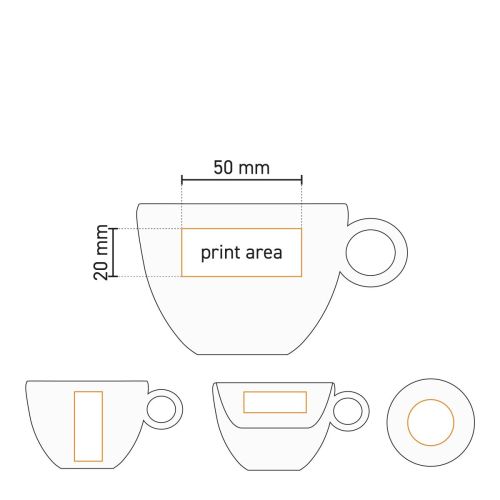 Technische werktekening van Rondo Cappuccino 20 cl. SET porselein met aanduiding van het drukgebied.