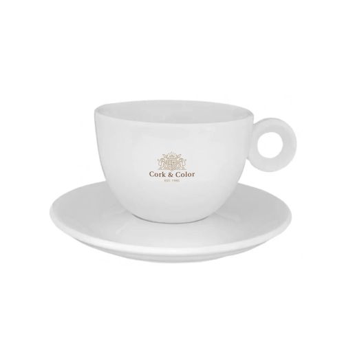 Rondo Cappuccino 20 cl. porseleinen set met meerkleurig CorkColor-logo zichtbaar op het voorvlak.