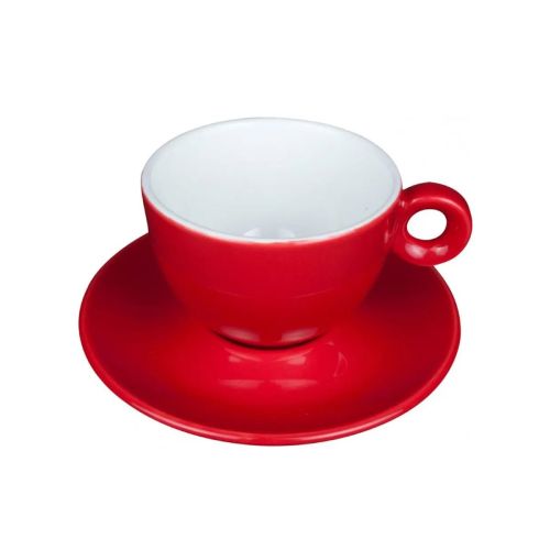 Rood-witte porseleinen Rondo cappuccinoset 20 cl. met kop en schotel recht van voren afgebeeld.