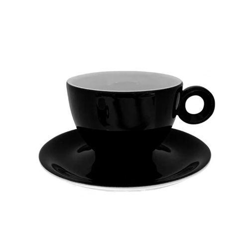 Zwart-Witte porseleinen Rondo cappuccinoset 20 cl. met kop en schotel recht van voren afgebeeld.