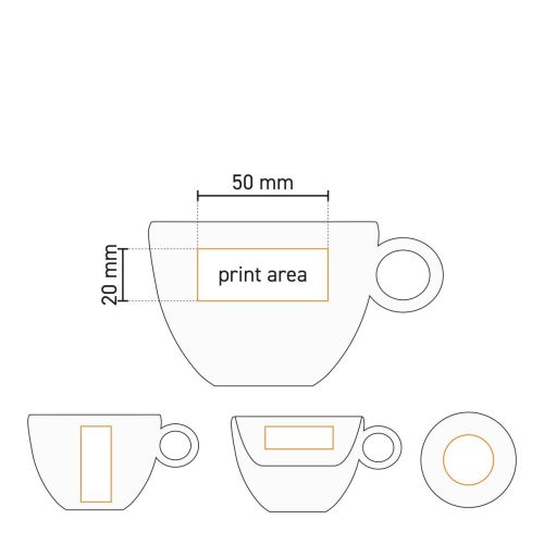Technische werktekening van Rondo Cappuccino kop 20 cl. met aangegeven drukgebied op het oppervlak.