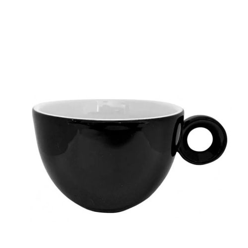 Vooraanzicht van de zwart-witte porseleinen Rondo Cappuccino kop 20 cl. met ronde vorm en oor aan de rechterzijde.