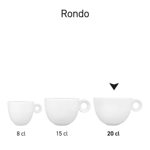 Serie Rondo Cappuccino koppen van porselein, opgesteld in een overzichtsbeeld.