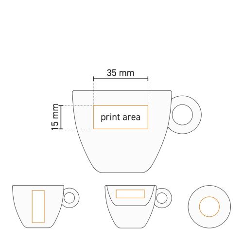 Technische werktekening van Rondo Espresso 8 cl. porselein met gemarkeerd drukgebied op het oppervlak.