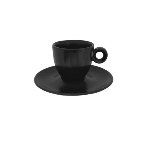 Vooraanzicht van matzwarte Rondo Espresso 8 cl. porseleinen set met compacte kop en bijpassende schotel.