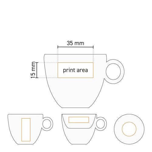 Technische werktekening van Rondo espresso kop 8 cl. porselein met duidelijk aangegeven drukgebied.