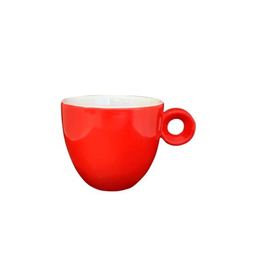 Vooraanzicht van rood-witte Rondo espresso kop 8 cl porselein met glad oppervlak en compacte vorm.