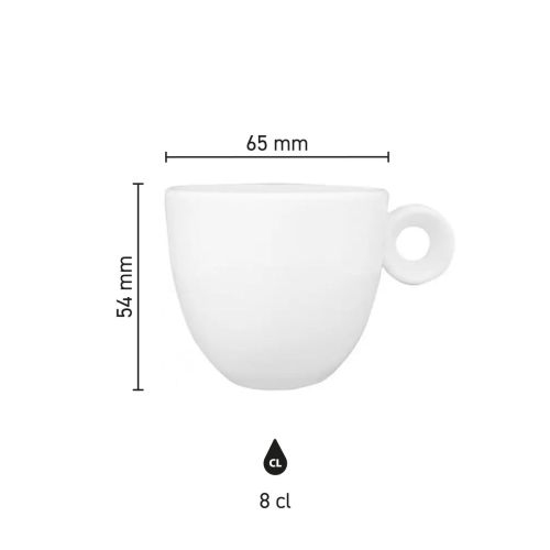 Infographic met productafmetingen van Rondo espresso kop 8 cl porselein, inclusief hoogte- en diameter.