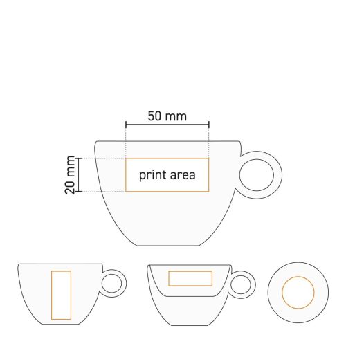 Technische werktekening met drukgebied van Rondo Koffie 15 cl. SET porselein duidelijk gemarkeerd.