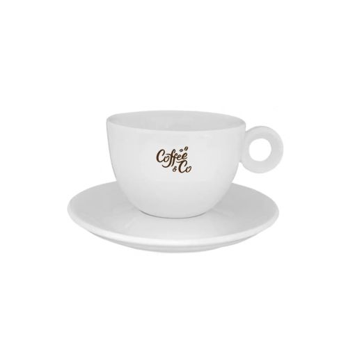 Rondo Koffie 15 cl. porseleinen set met CoffeeCo-logo in één kleur op de voorzijde van de koffiekop.