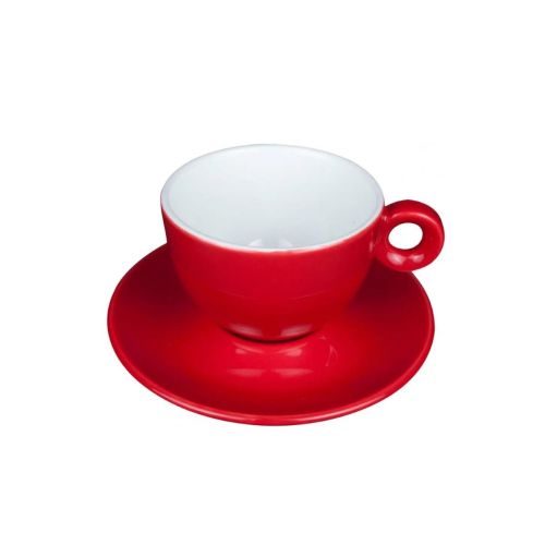 Rood-witte Rondo koffiekop 15 cl. van porselein, samen met schotel in vooraanzicht afgebeeld.