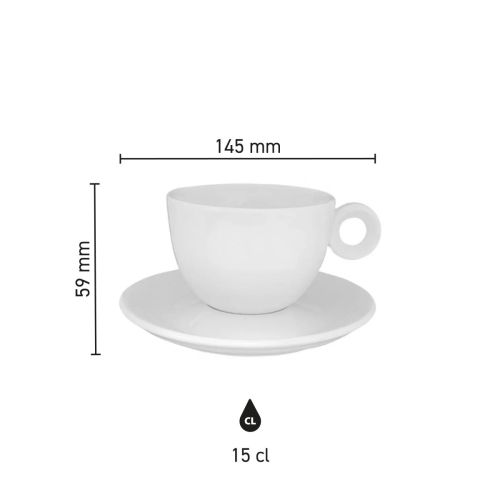 Infographic met productafmetingen van Rondo Koffie 15 cl. porseleinen set, inclusief hoogte en diameter.
