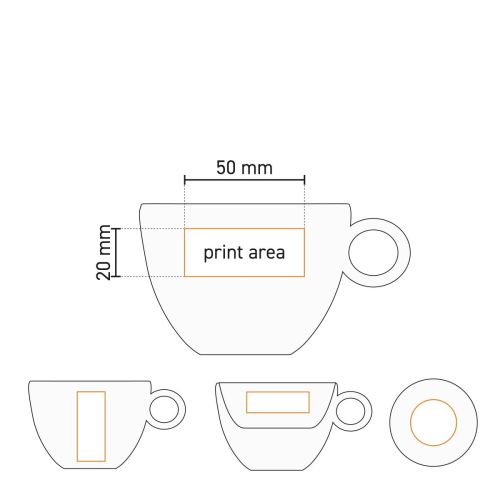 Technische werktekening van Rondo Koffie kop 15 cl. met markering van het drukgebied op de wand.