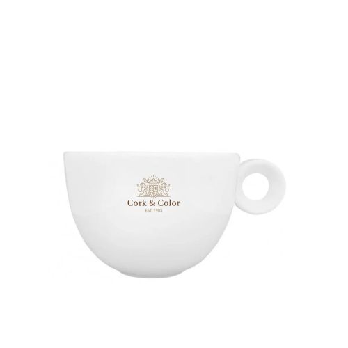 Porseleinen koffiekop Rondo 15 cl. met meerkleurig CorkColor-logo op het vooraanzicht geplaatst.