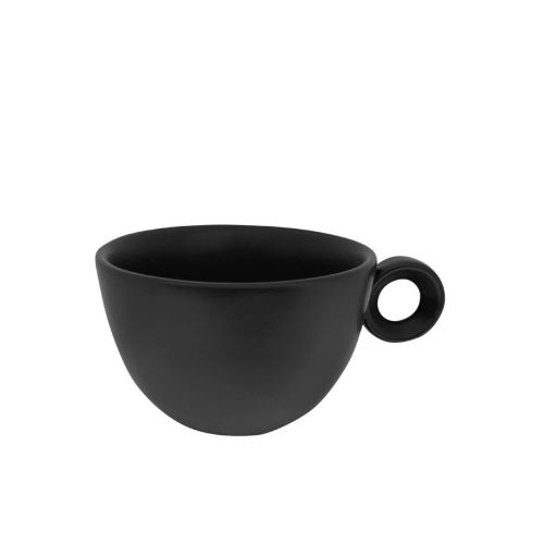Vooraanzicht van matzwarte porseleinen Rondo Koffie kop 15 cl. met ronde vorm en klassiek oor.